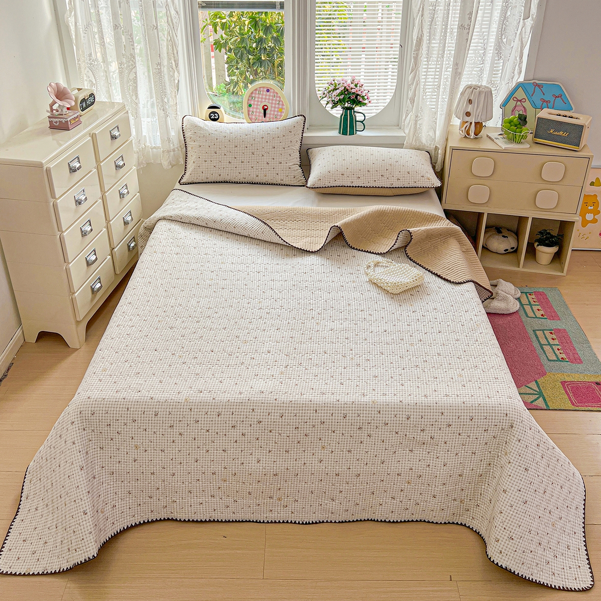 91家纺网 家纺一手货源 找家纺 （总）恒尚居 2026新款A类贝壳绣泡芙纱床盖四套件泡芙棉双层纱床垫床褥