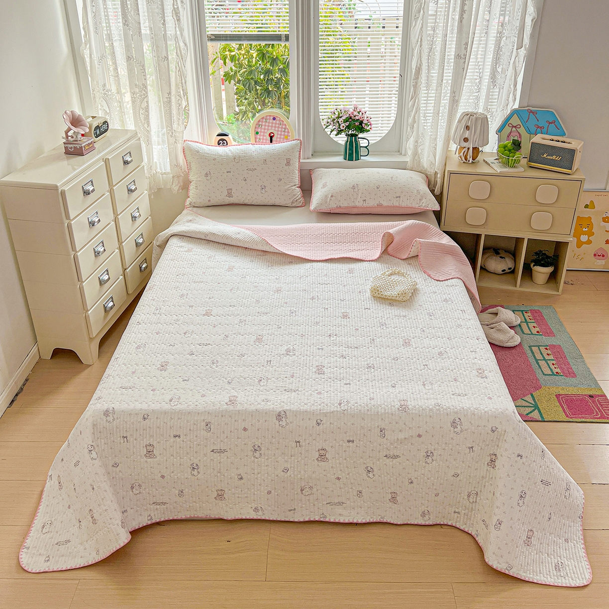 91家纺网 家纺一手货源 找家纺 （总）恒尚居 2026新款A类贝壳绣泡芙纱床盖四套件泡芙棉双层纱床垫床褥