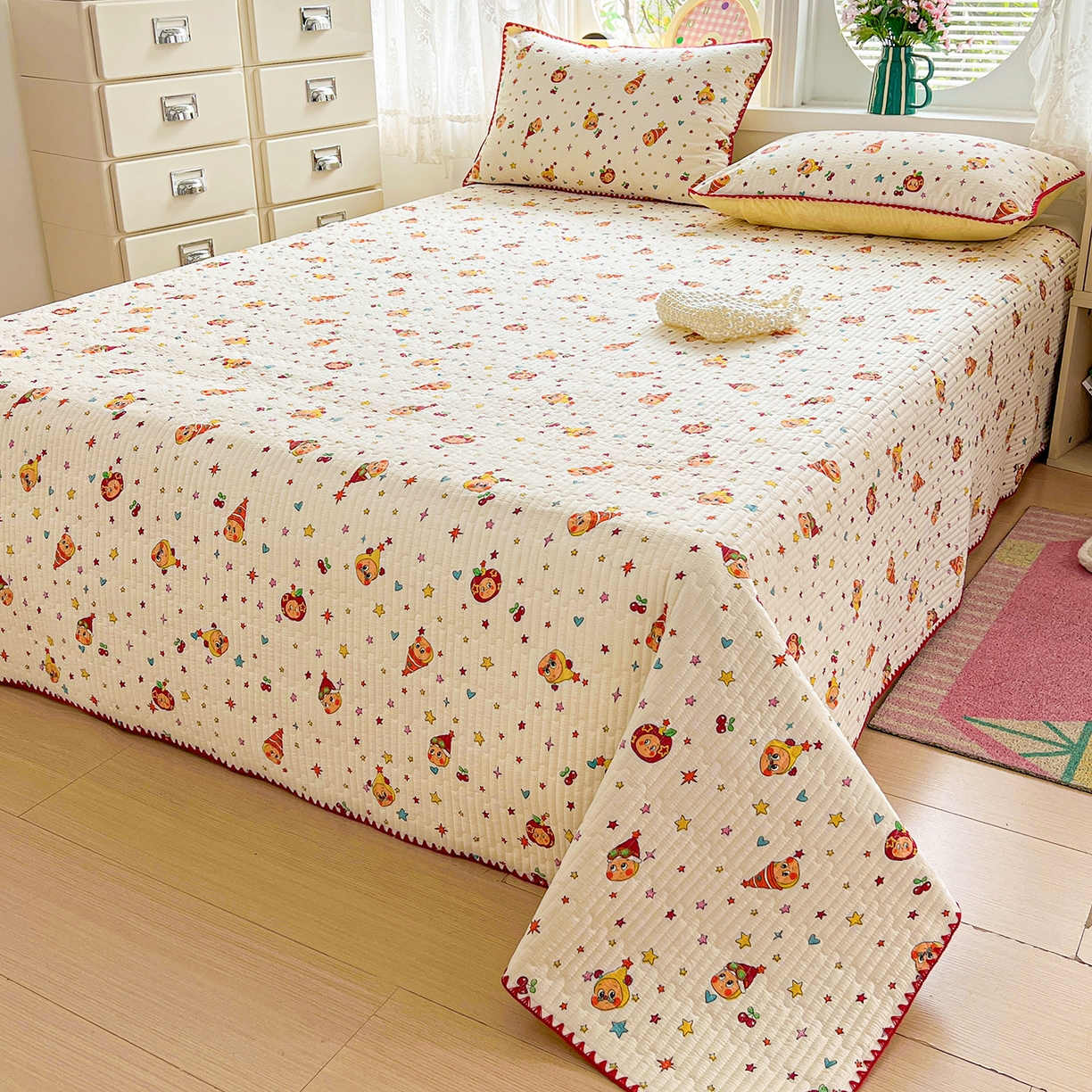 91家纺网 家纺一手货源 找家纺 恒尚居 2026新款A类贝壳绣泡芙纱床盖四套件泡芙棉双层纱床垫床褥 奶黄星星人