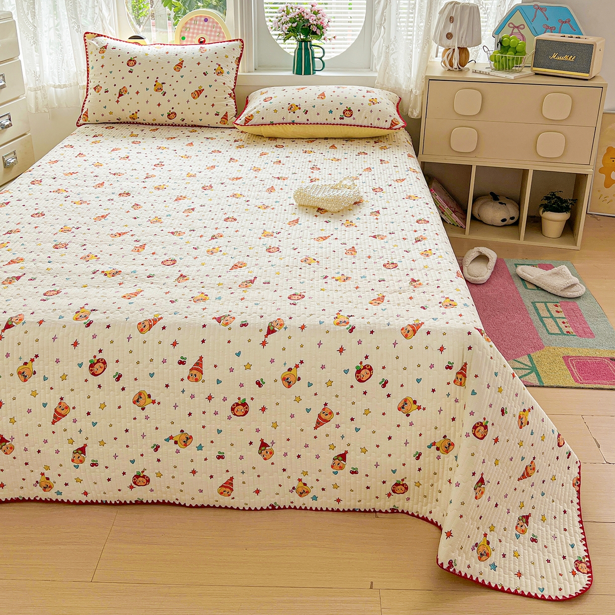 91家纺网 家纺一手货源 找家纺 恒尚居 2026新款A类贝壳绣泡芙纱床盖四套件泡芙棉双层纱床垫床褥 奶黄星星人