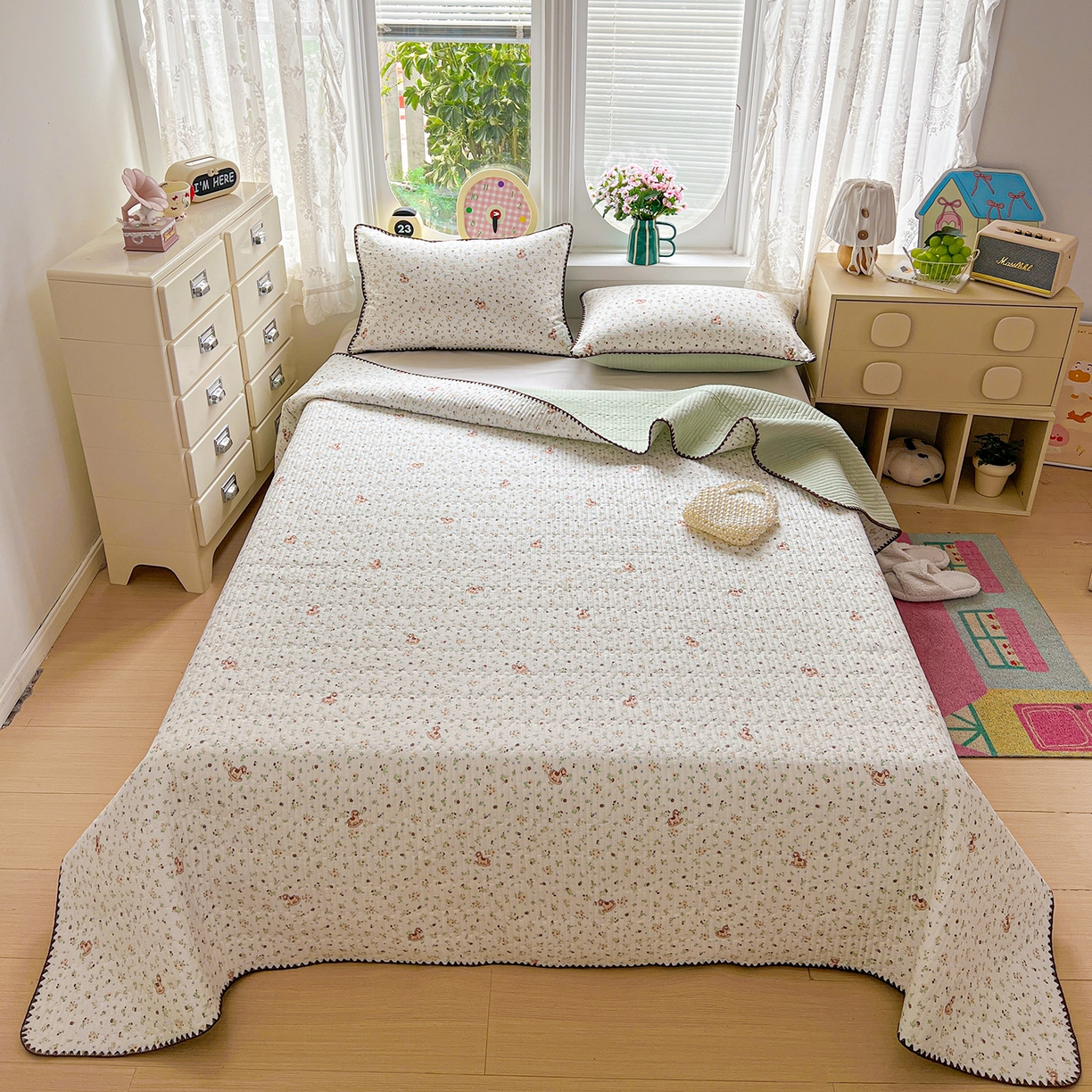 91家纺网 家纺一手货源 找家纺 （总）恒尚居 2026新款A类贝壳绣泡芙纱床盖四套件泡芙棉双层纱床垫床褥