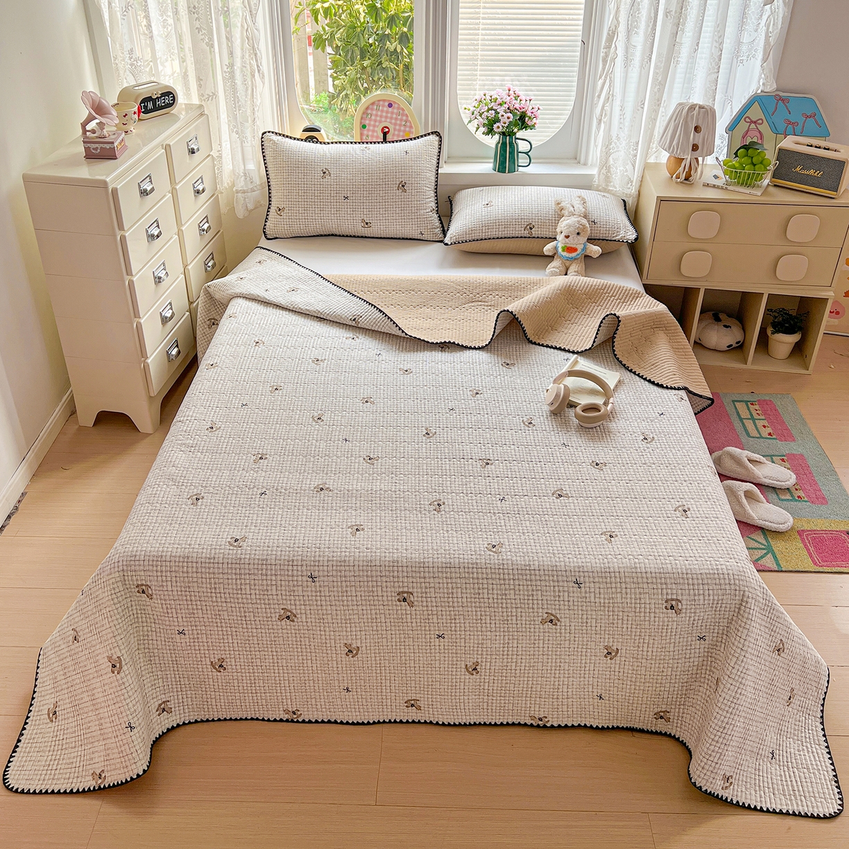 91家纺网 家纺一手货源 找家纺 （总）恒尚居 2026新款A类贝壳绣泡芙纱床盖四套件泡芙棉双层纱床垫床褥