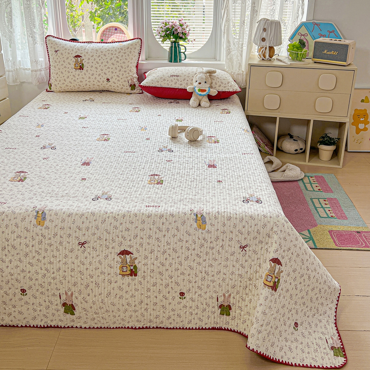 91家纺网 家纺一手货源 找家纺 恒尚居 2026新款A类贝壳绣泡芙纱床盖四套件泡芙棉双层纱床垫床褥 红织花兔