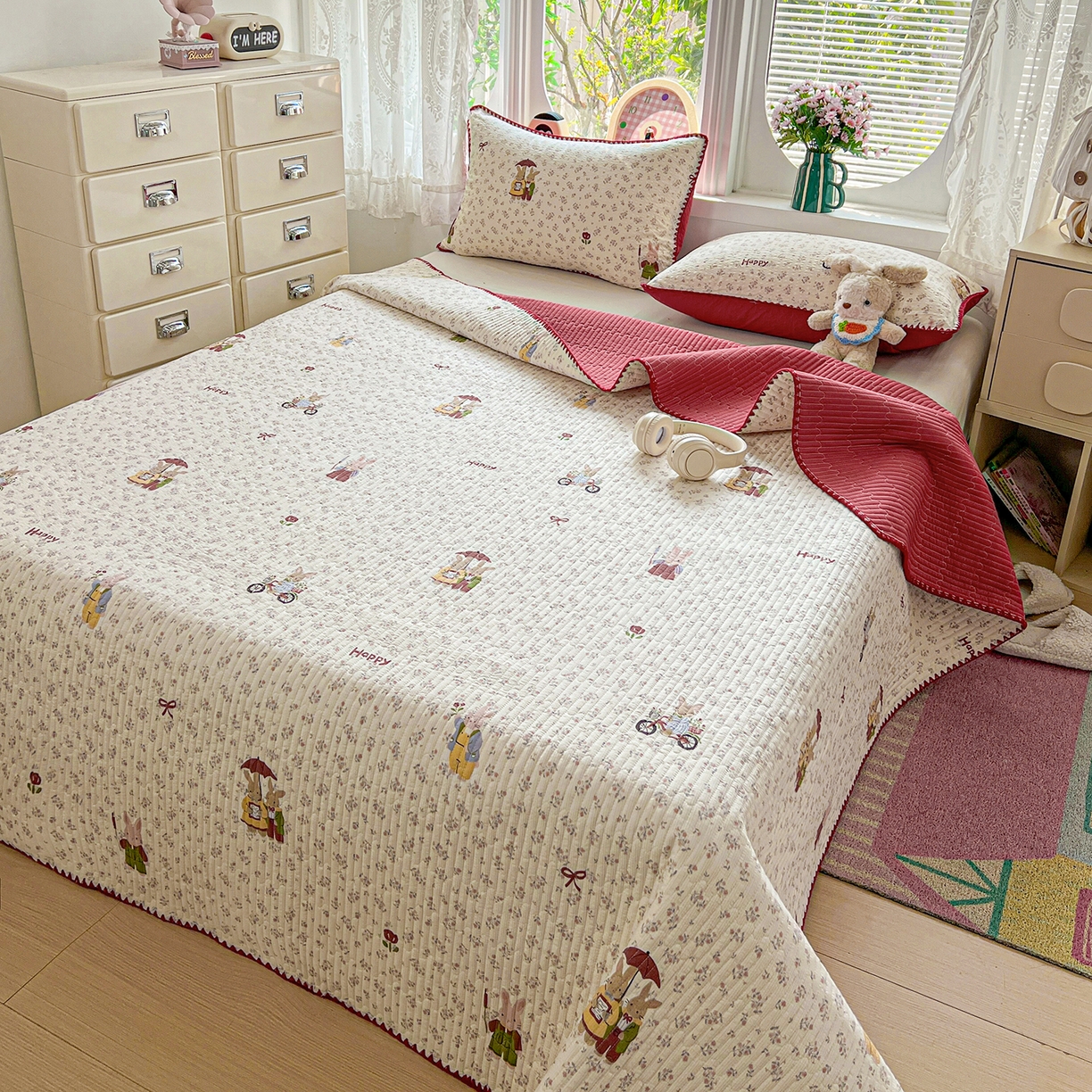 91家纺网 家纺一手货源 找家纺 恒尚居 2026新款A类贝壳绣泡芙纱床盖四套件泡芙棉双层纱床垫床褥 红织花兔