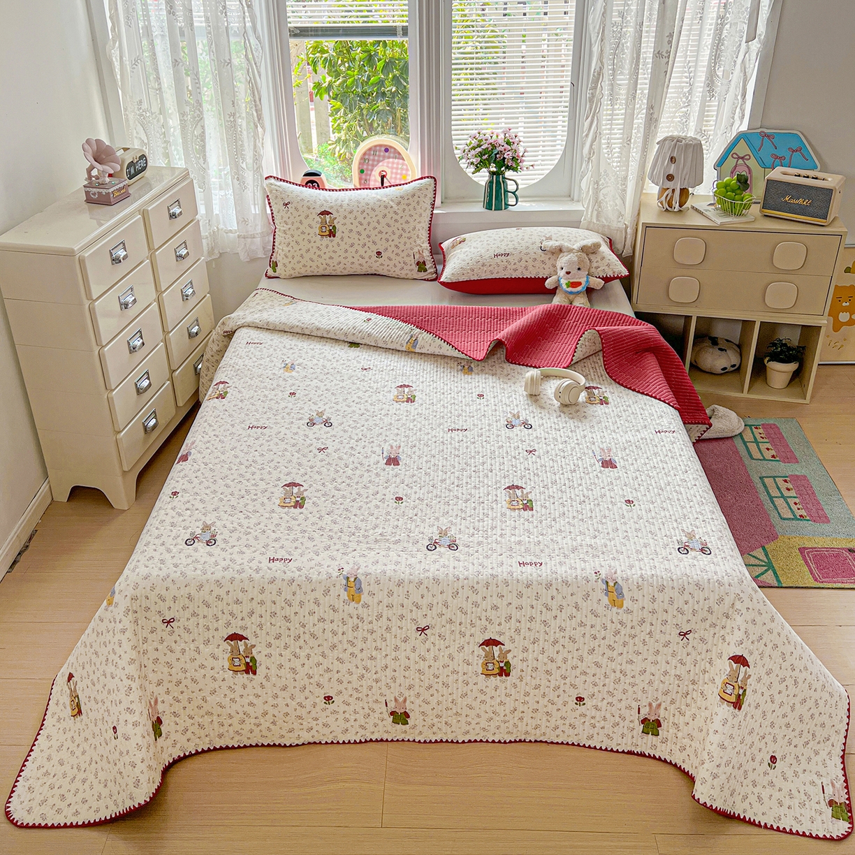 恒尚居 2026新款A类贝壳绣泡芙纱床盖四套件泡芙棉双层纱床垫床褥 红织花兔