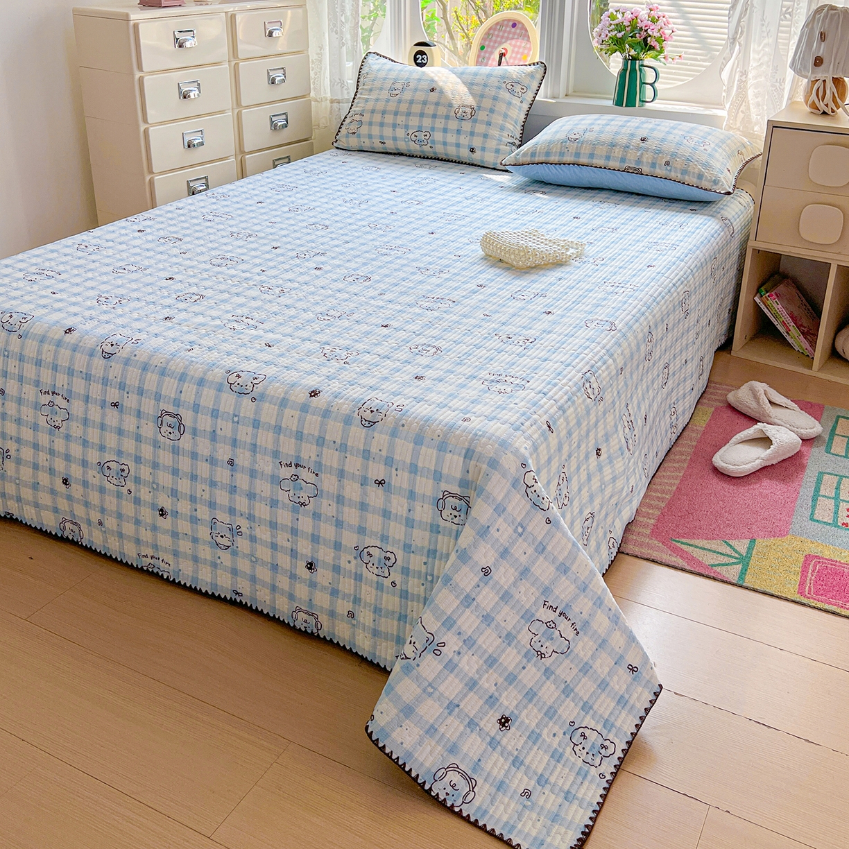 91家纺网 家纺一手货源 找家纺 恒尚居 2026新款A类贝壳绣泡芙纱床盖四套件泡芙棉双层纱床垫床褥 兰格奶狗