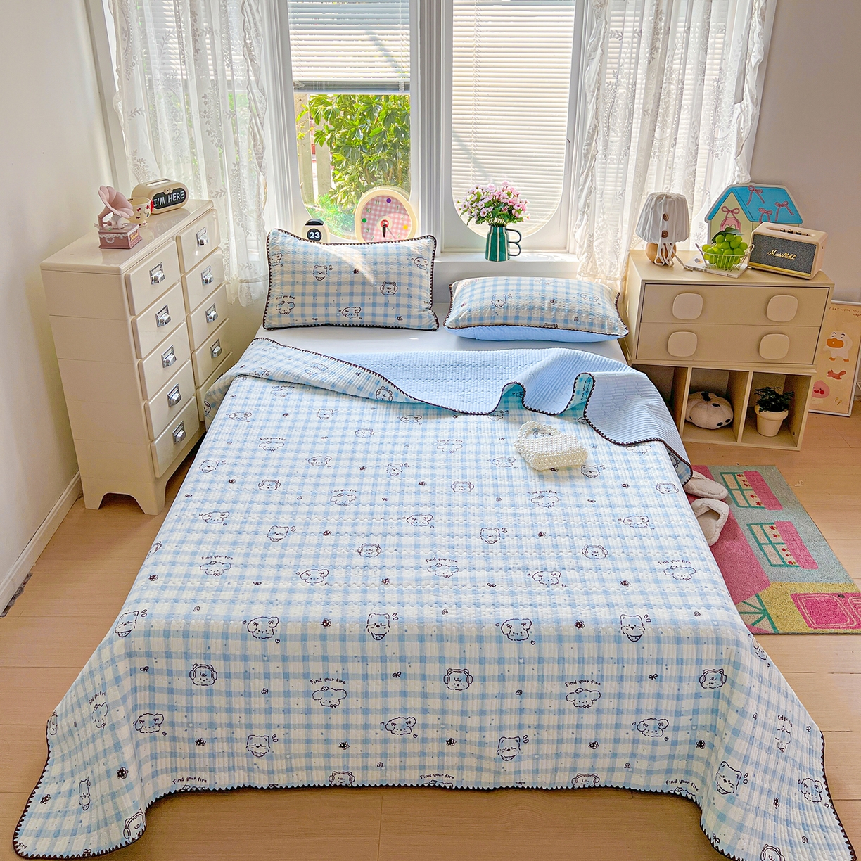 恒尚居 2026新款A类贝壳绣泡芙纱床盖四套件泡芙棉双层纱床垫床褥 兰格奶狗