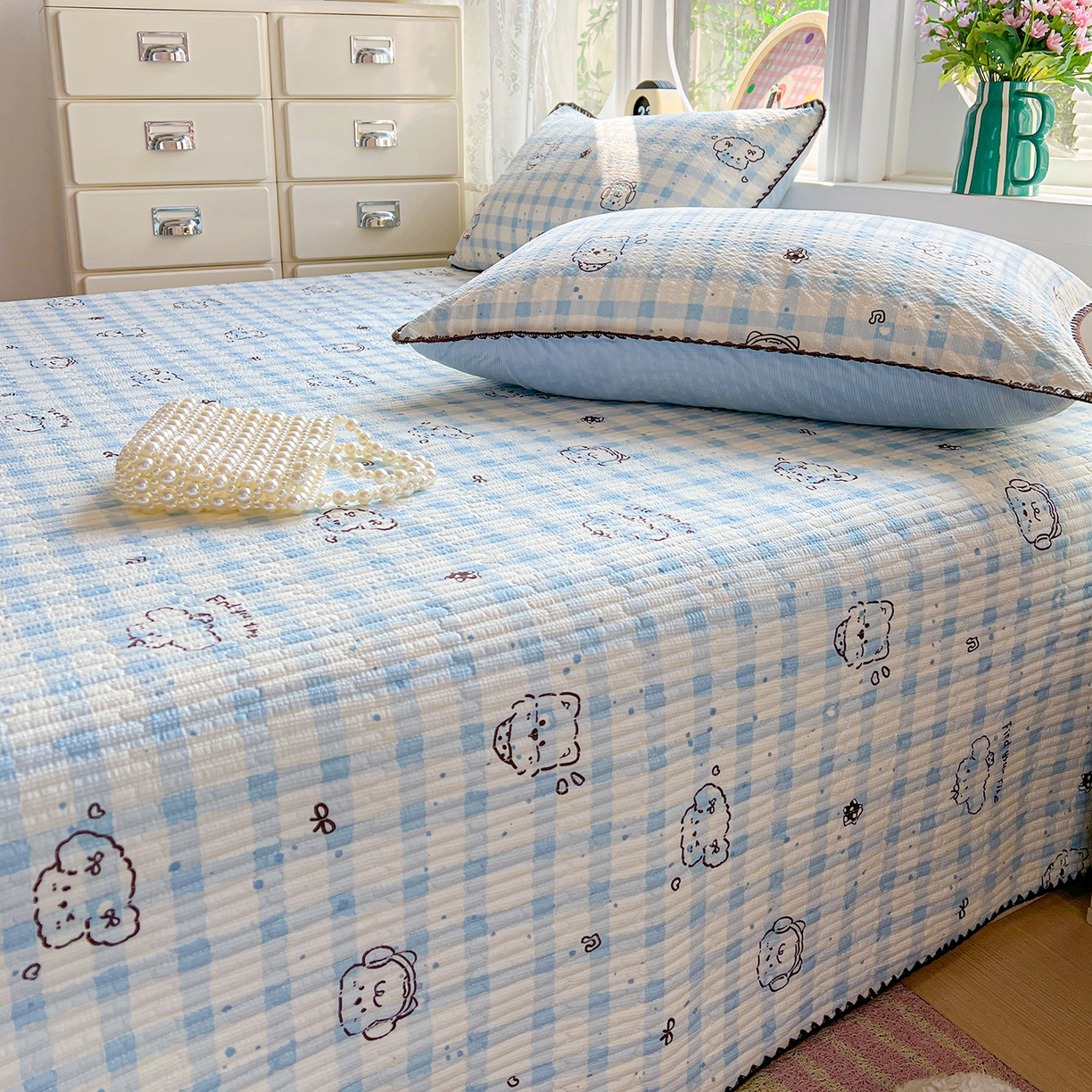 91家纺网 家纺一手货源 找家纺 恒尚居 2026新款A类贝壳绣泡芙纱床盖四套件泡芙棉双层纱床垫床褥 兰格奶狗