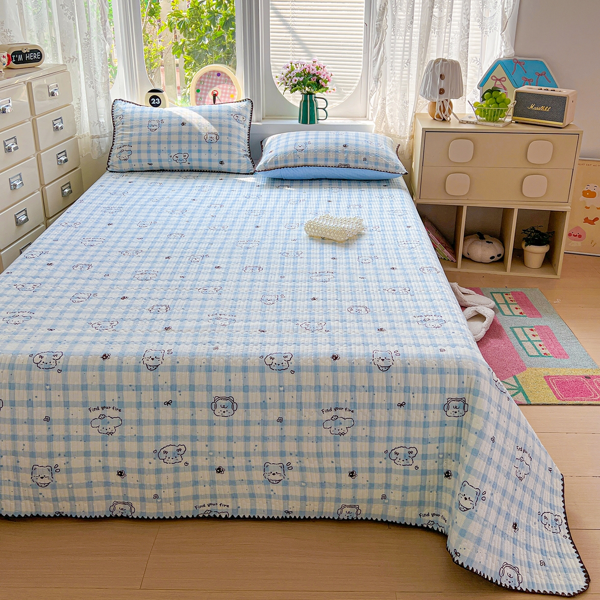 91家纺网 家纺一手货源 找家纺 恒尚居 2026新款A类贝壳绣泡芙纱床盖四套件泡芙棉双层纱床垫床褥 兰格奶狗