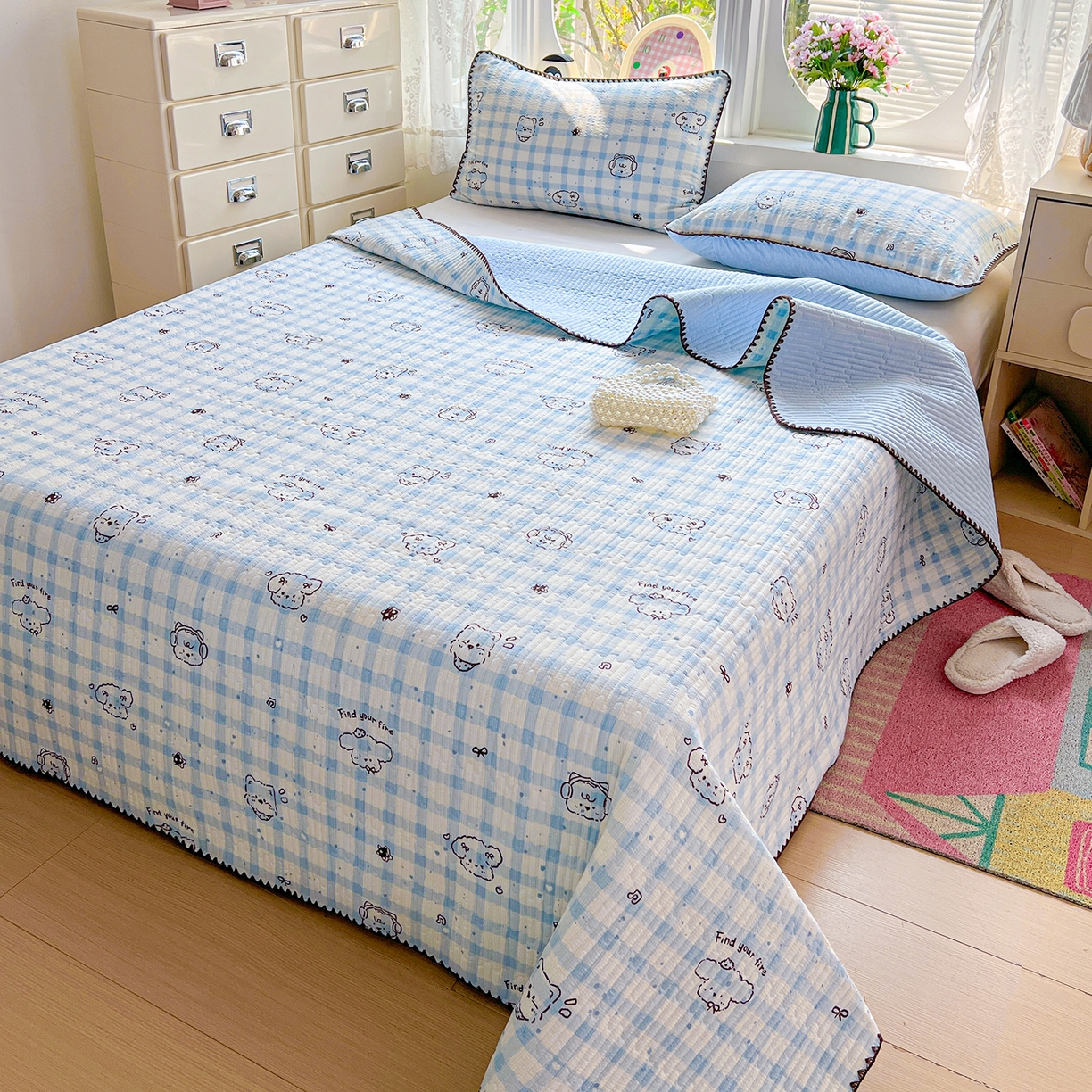 91家纺网 家纺一手货源 找家纺 恒尚居 2026新款A类贝壳绣泡芙纱床盖四套件泡芙棉双层纱床垫床褥 兰格奶狗