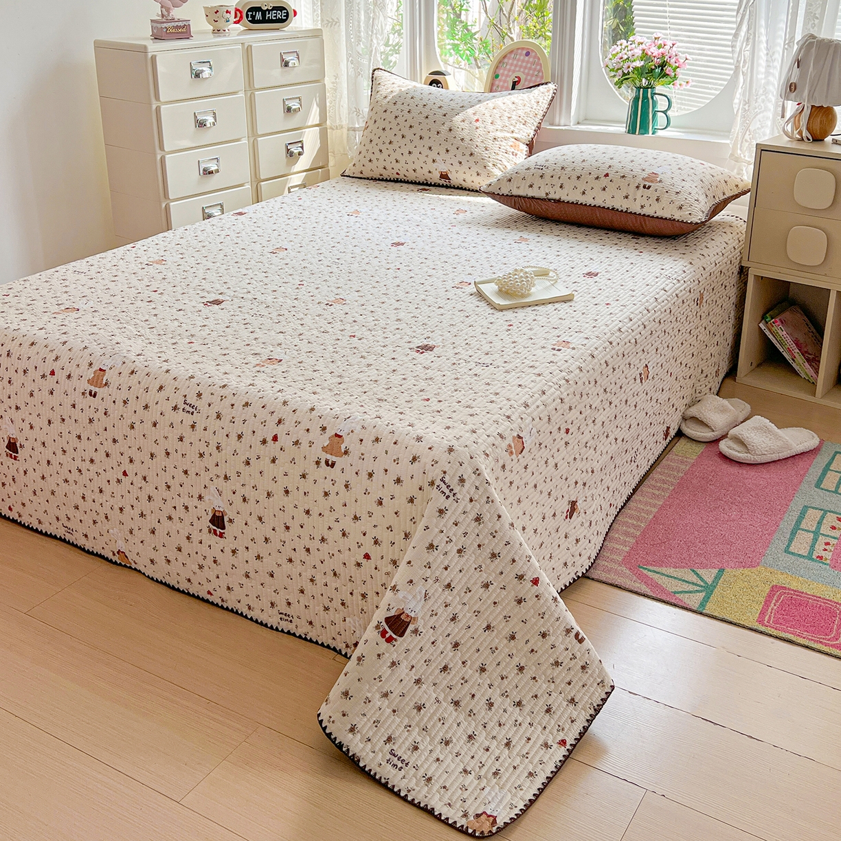 91家纺网 家纺一手货源 找家纺 恒尚居 2026新款A类贝壳绣泡芙纱床盖四套件泡芙棉双层纱床垫床褥 花雨小兔