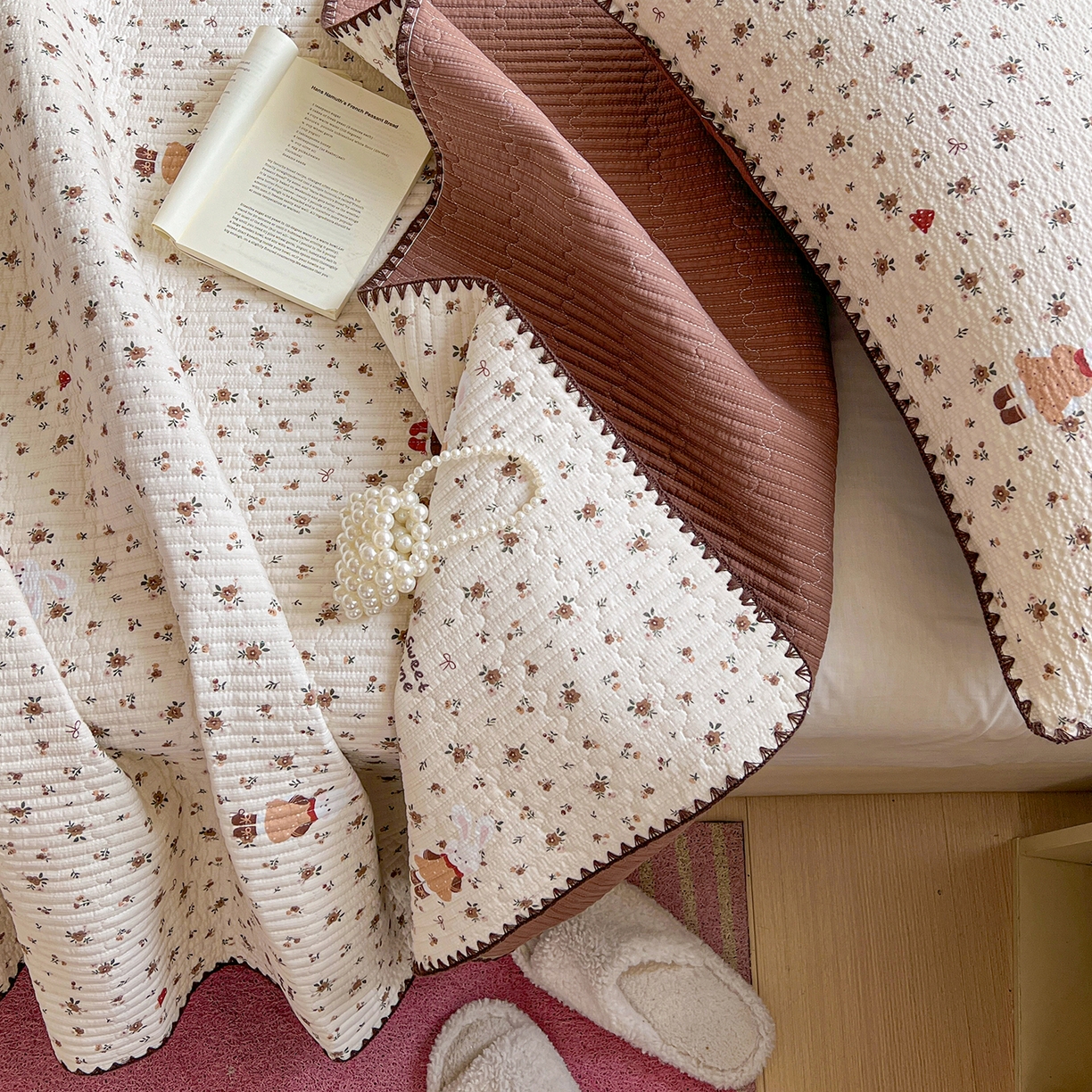 91家纺网 家纺一手货源 找家纺 恒尚居 2026新款A类贝壳绣泡芙纱床盖四套件泡芙棉双层纱床垫床褥 花雨小兔