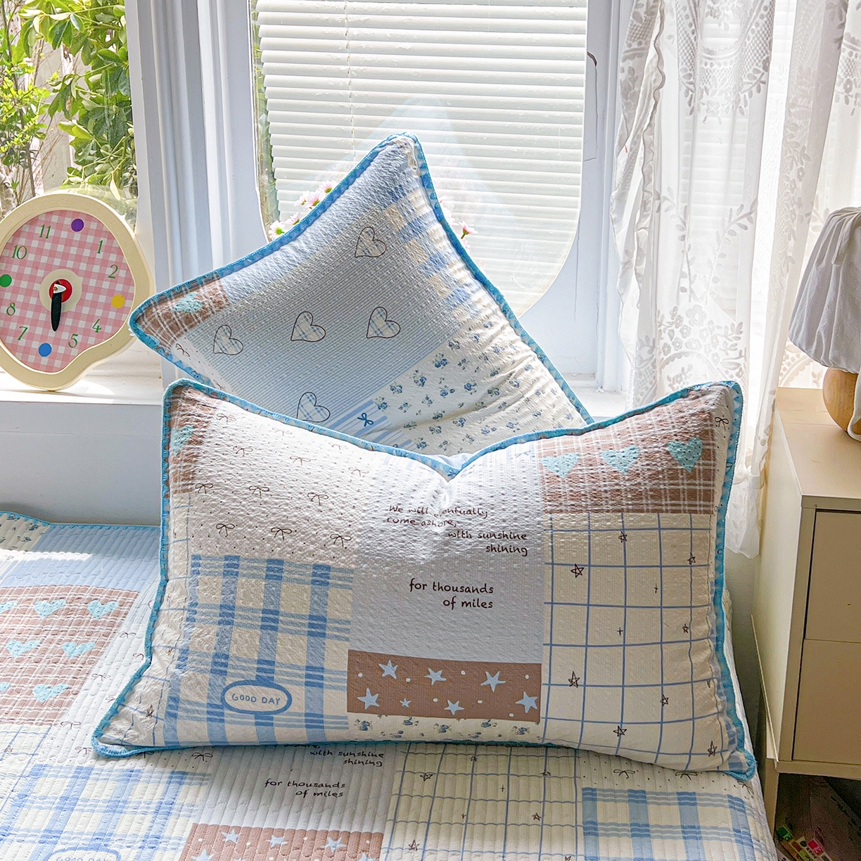 91家纺网 家纺一手货源 找家纺 恒尚居 2026新款A类贝壳绣泡芙纱床盖四套件泡芙棉双层纱床垫床褥 拼格奶蓝