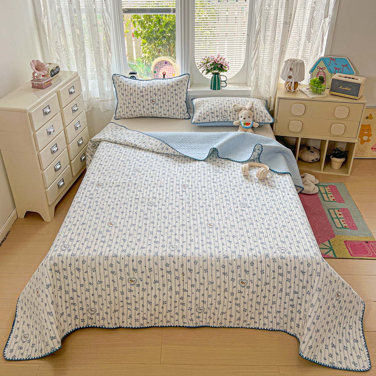 恒尚居 2026新款A类贝壳绣泡芙纱床盖四套件泡芙棉双层纱床垫床褥 柔蓝爱心马