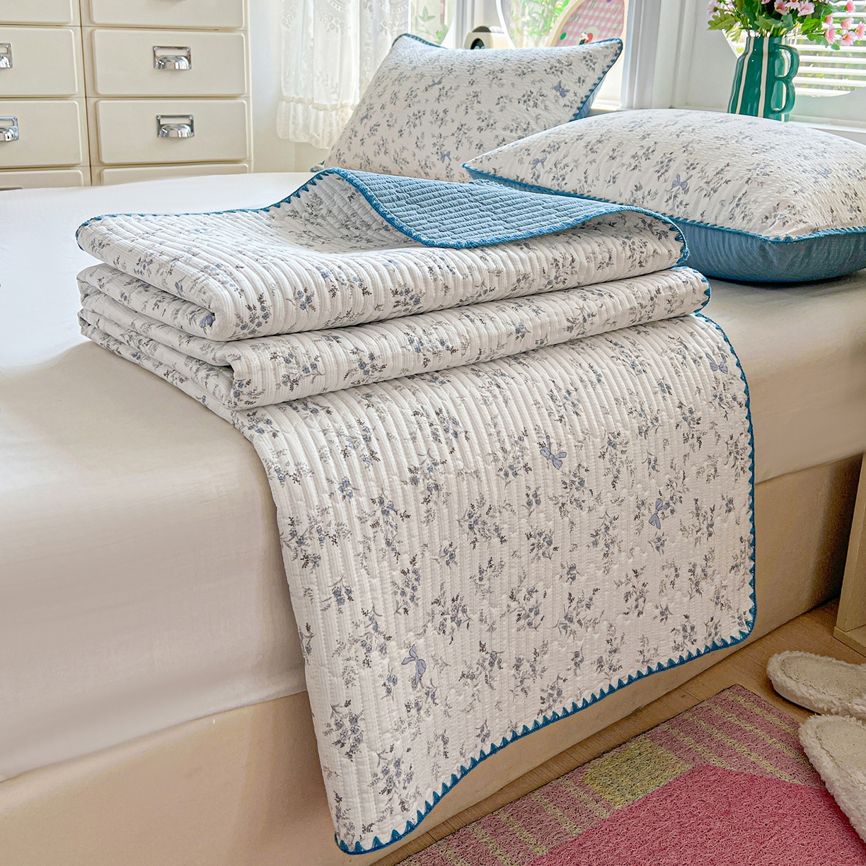 91家纺网 家纺一手货源 找家纺 恒尚居 2026新款A类贝壳绣泡芙纱床盖四套件泡芙棉双层纱床垫床褥 兰蝶小筑