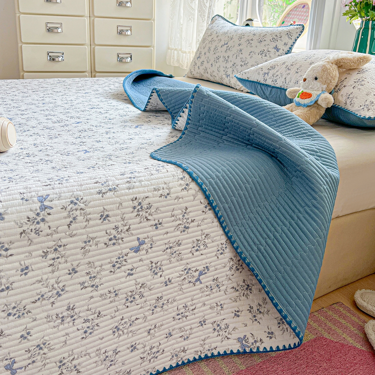 91家纺网 家纺一手货源 找家纺 恒尚居 2026新款A类贝壳绣泡芙纱床盖四套件泡芙棉双层纱床垫床褥 兰蝶小筑