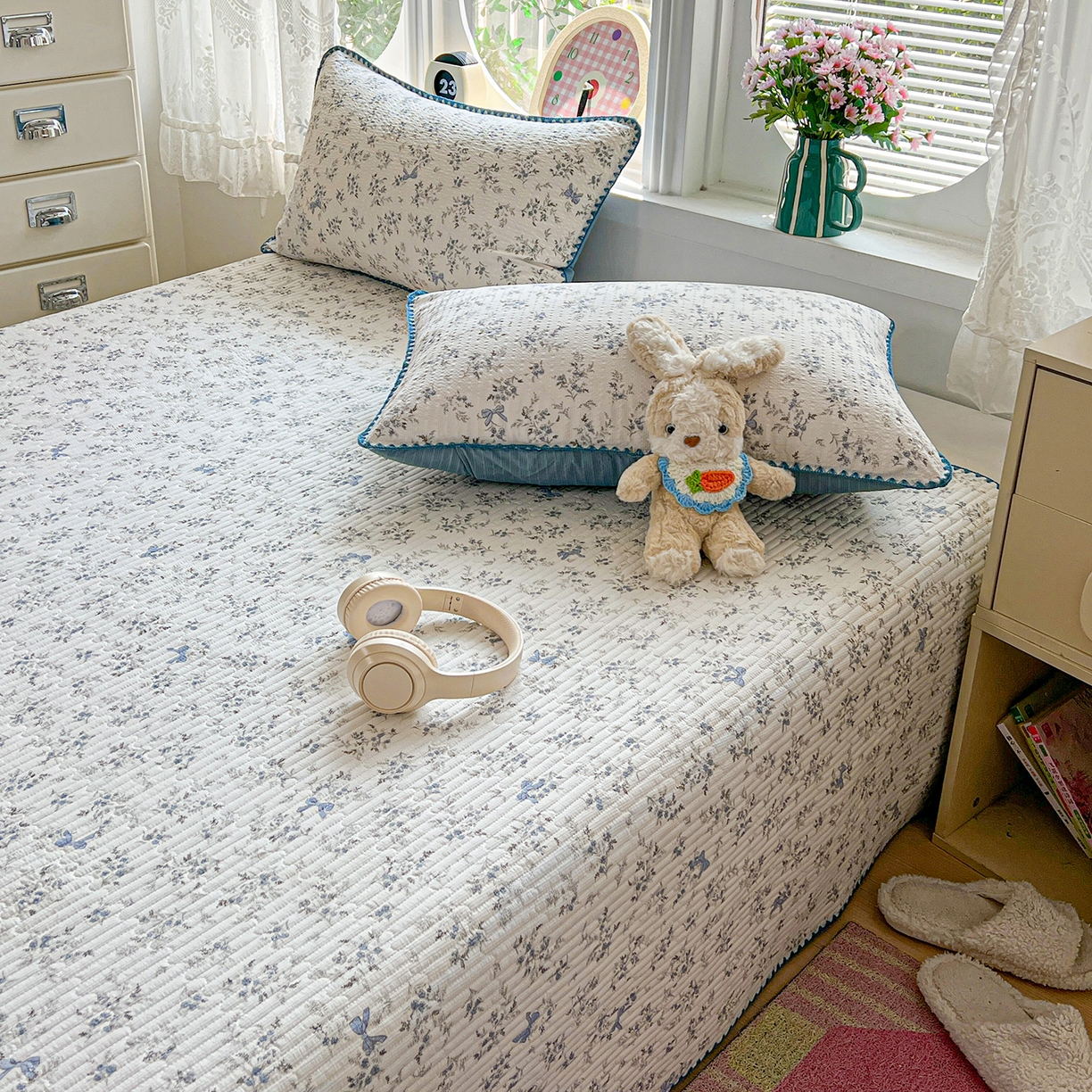 91家纺网 家纺一手货源 找家纺 恒尚居 2026新款A类贝壳绣泡芙纱床盖四套件泡芙棉双层纱床垫床褥 兰蝶小筑