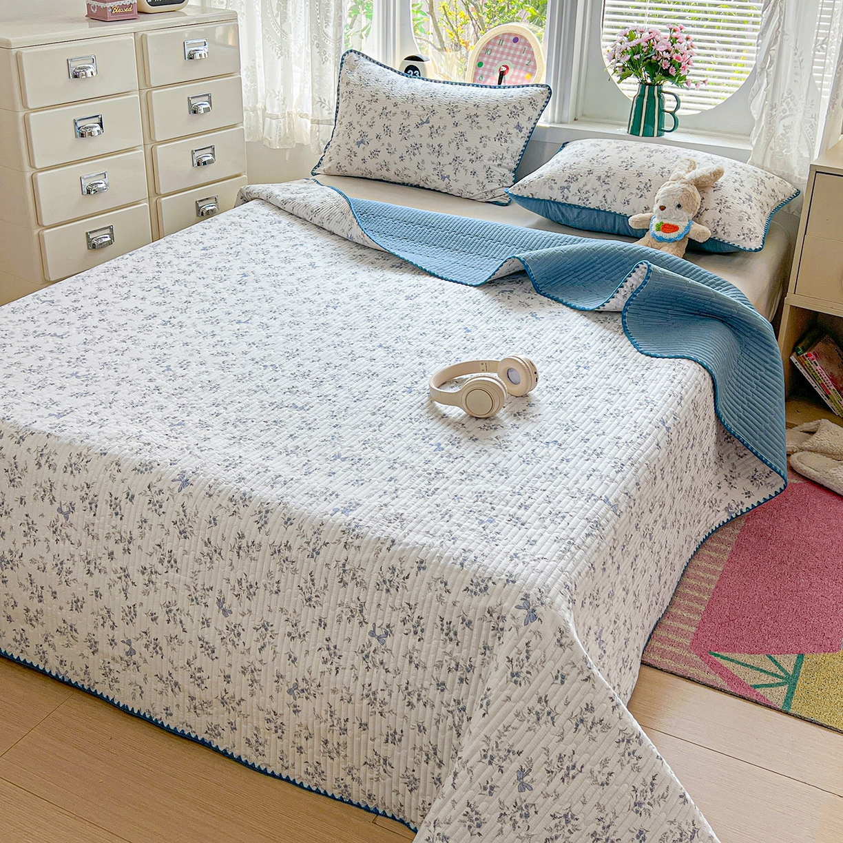 91家纺网 家纺一手货源 找家纺 恒尚居 2026新款A类贝壳绣泡芙纱床盖四套件泡芙棉双层纱床垫床褥 兰蝶小筑