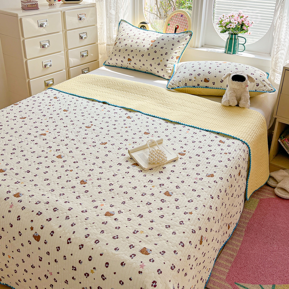 91家纺网 家纺一手货源 找家纺 恒尚居 2026新款A类贝壳绣泡芙纱床盖四套件泡芙棉双层纱床垫床褥 奶呼小猫