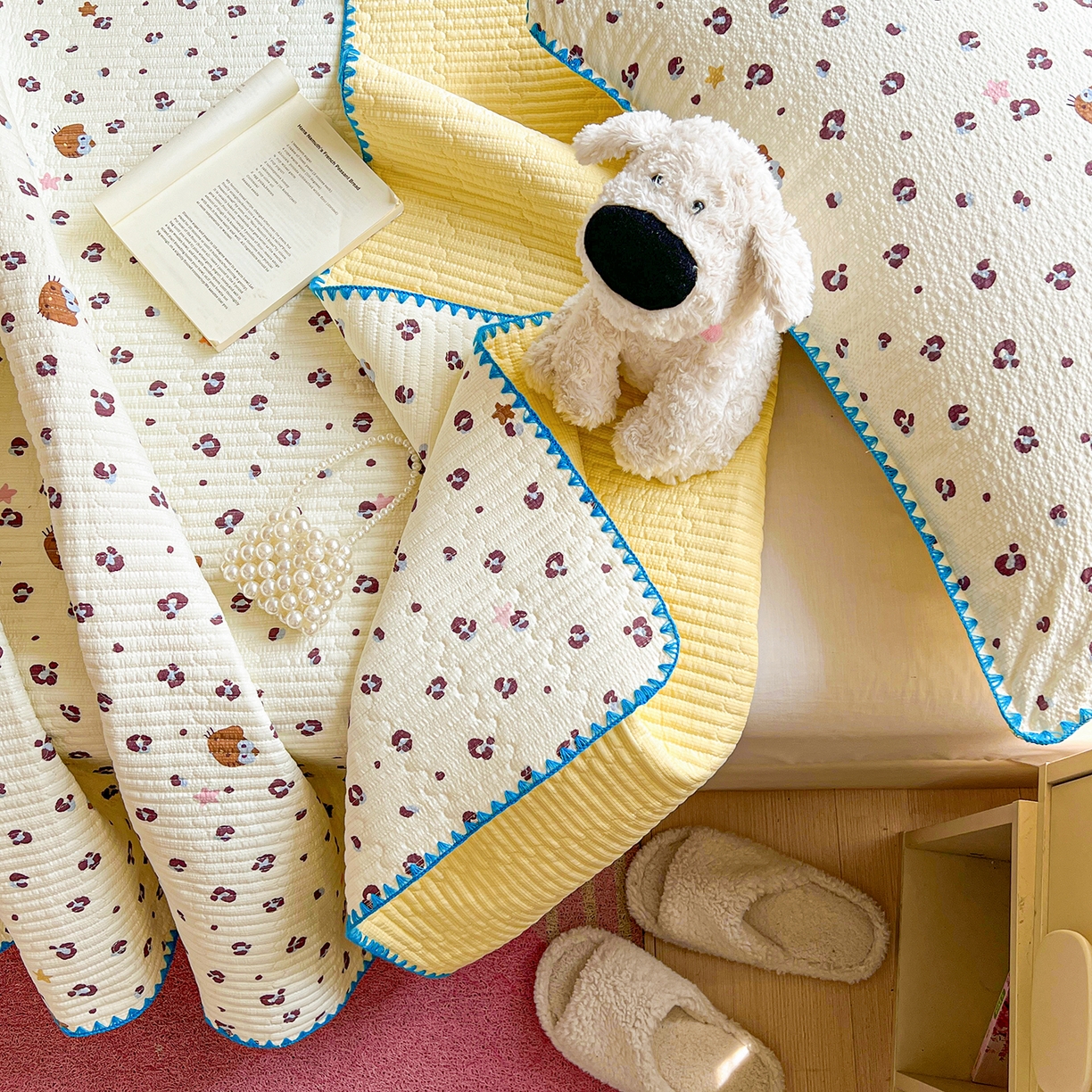 91家纺网 家纺一手货源 找家纺 恒尚居 2026新款A类贝壳绣泡芙纱床盖四套件泡芙棉双层纱床垫床褥 奶呼小猫