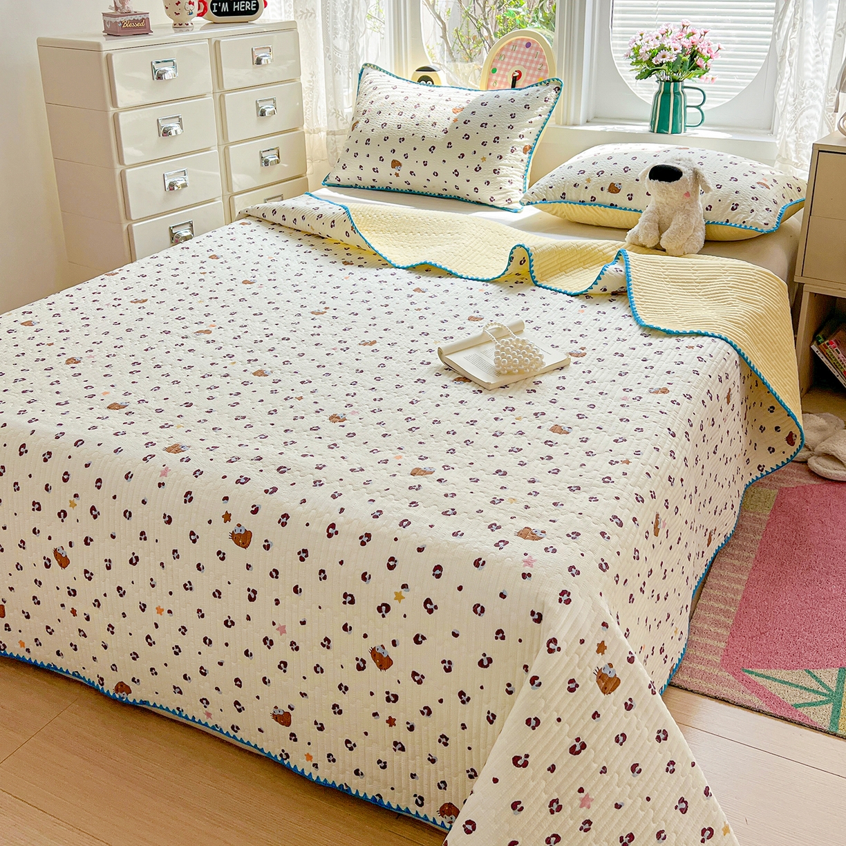 91家纺网 家纺一手货源 找家纺 恒尚居 2026新款A类贝壳绣泡芙纱床盖四套件泡芙棉双层纱床垫床褥 奶呼小猫