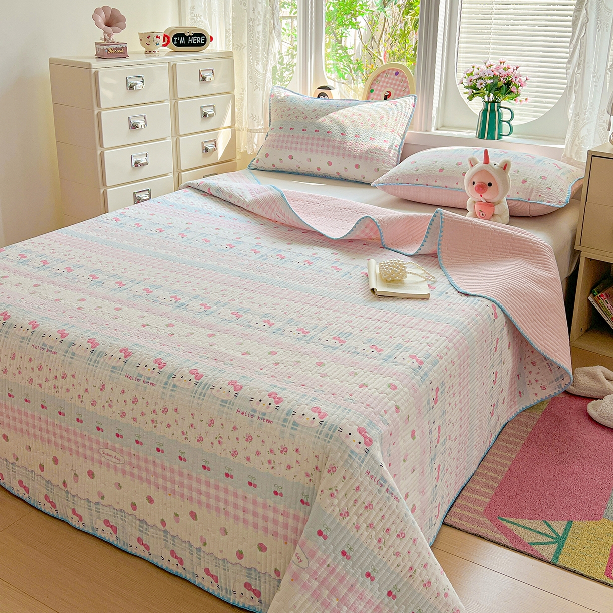 91家纺网 家纺一手货源 找家纺 恒尚居 2026新款A类贝壳绣泡芙纱床盖四套件泡芙棉双层纱床垫床褥 草莓kt