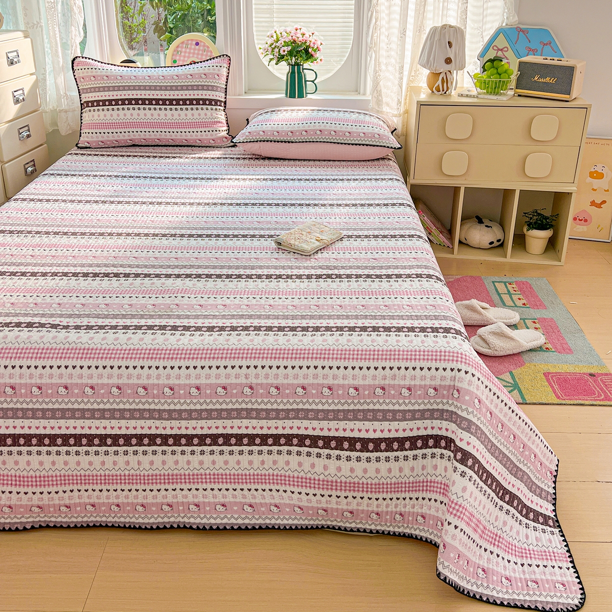 91家纺网 家纺一手货源 找家纺 恒尚居 2026新款A类贝壳绣泡芙纱床盖四套件泡芙棉双层纱床垫床褥 粉糖泡泡猫