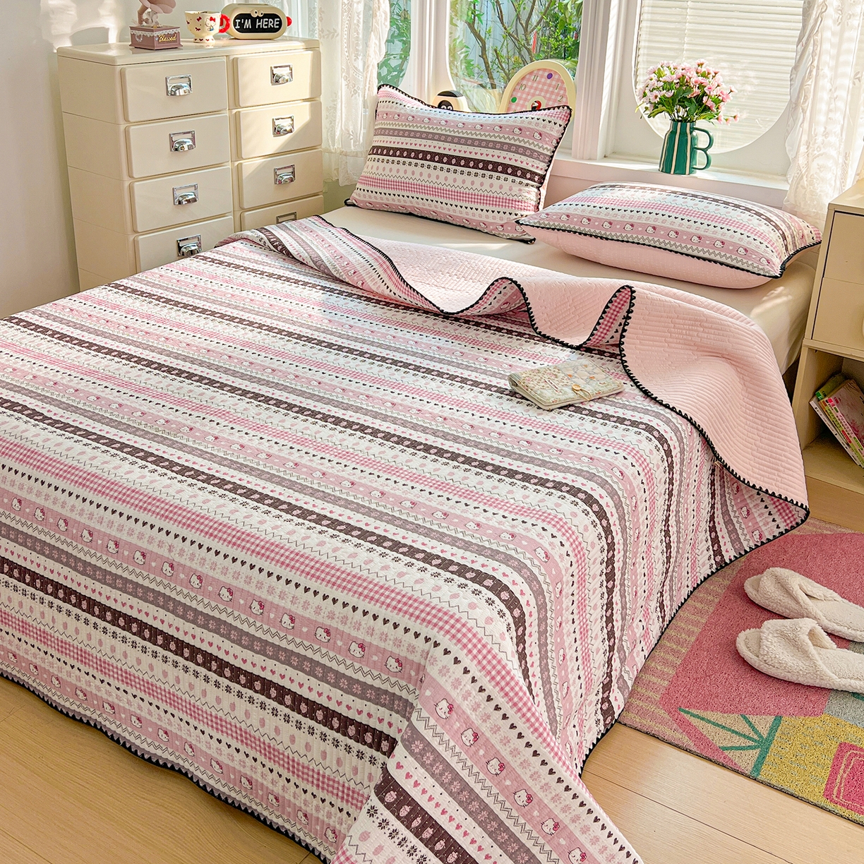 91家纺网 家纺一手货源 找家纺 恒尚居 2026新款A类贝壳绣泡芙纱床盖四套件泡芙棉双层纱床垫床褥 粉糖泡泡猫