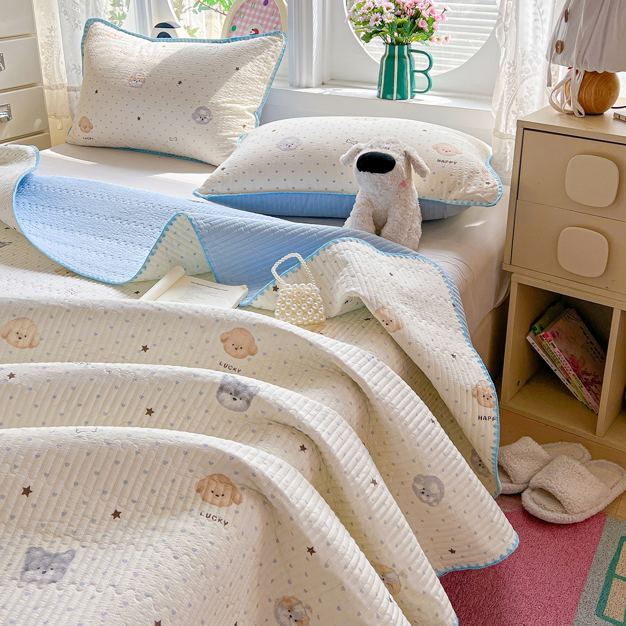 91家纺网 家纺一手货源 找家纺 恒尚居 2026新款A类贝壳绣泡芙纱床盖四套件泡芙棉双层纱床垫床褥 宠物天地