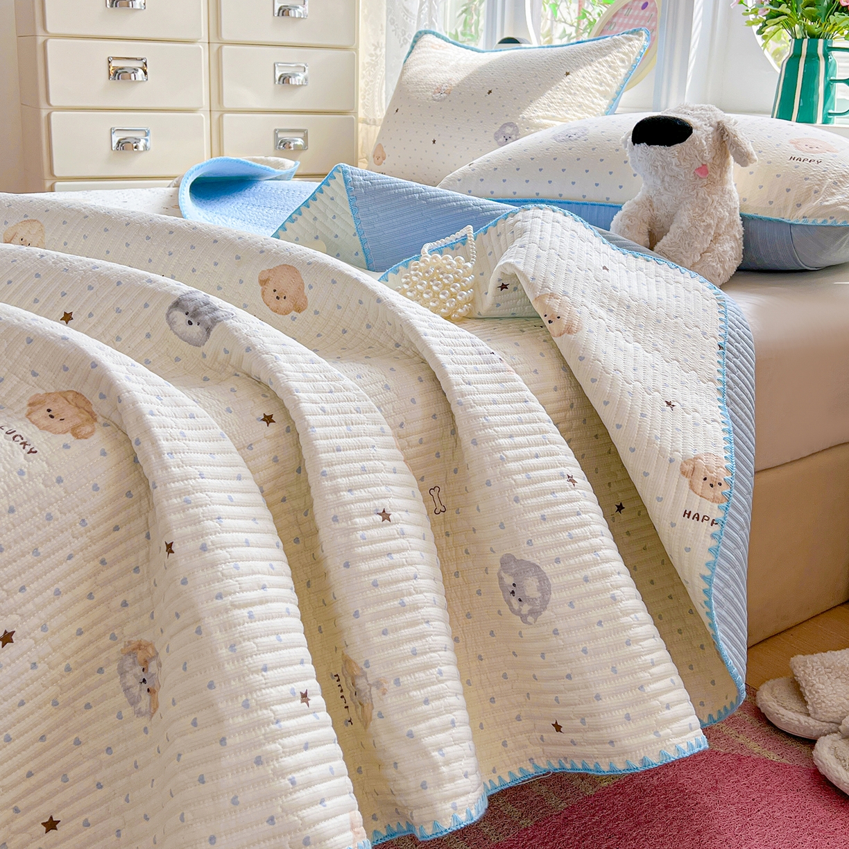 91家纺网 家纺一手货源 找家纺 恒尚居 2026新款A类贝壳绣泡芙纱床盖四套件泡芙棉双层纱床垫床褥 宠物天地