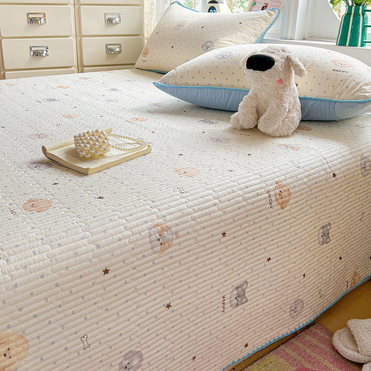 91家纺网 家纺一手货源 找家纺 恒尚居 2026新款A类贝壳绣泡芙纱床盖四套件泡芙棉双层纱床垫床褥 宠物天地