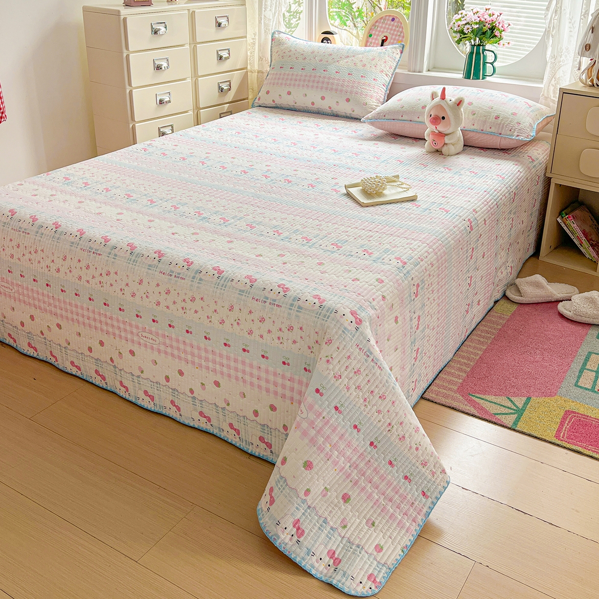 91家纺网 家纺一手货源 找家纺 恒尚居 2026新款A类贝壳绣泡芙纱床盖四套件泡芙棉双层纱床垫床褥 草莓kt