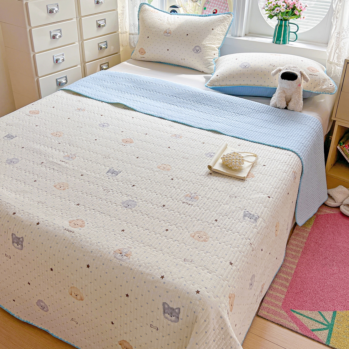 91家纺网 家纺一手货源 找家纺 恒尚居 2026新款A类贝壳绣泡芙纱床盖四套件泡芙棉双层纱床垫床褥 宠物天地