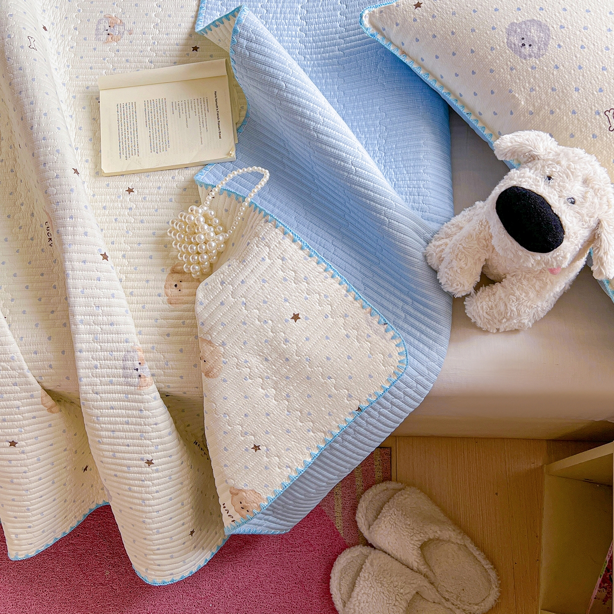 91家纺网 家纺一手货源 找家纺 恒尚居 2026新款A类贝壳绣泡芙纱床盖四套件泡芙棉双层纱床垫床褥 宠物天地