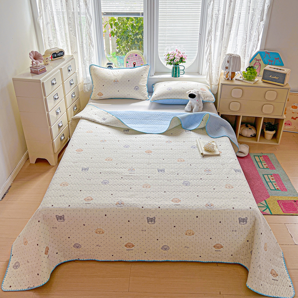 恒尚居 2026新款A类贝壳绣泡芙纱床盖四套件泡芙棉双层纱床垫床褥 宠物天地