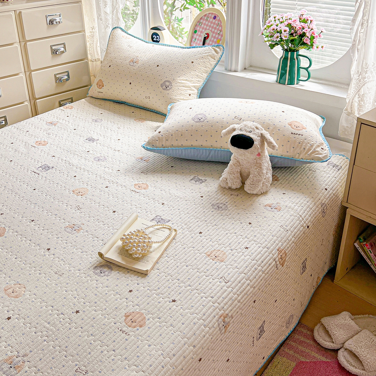 91家纺网 家纺一手货源 找家纺 恒尚居 2026新款A类贝壳绣泡芙纱床盖四套件泡芙棉双层纱床垫床褥 宠物天地