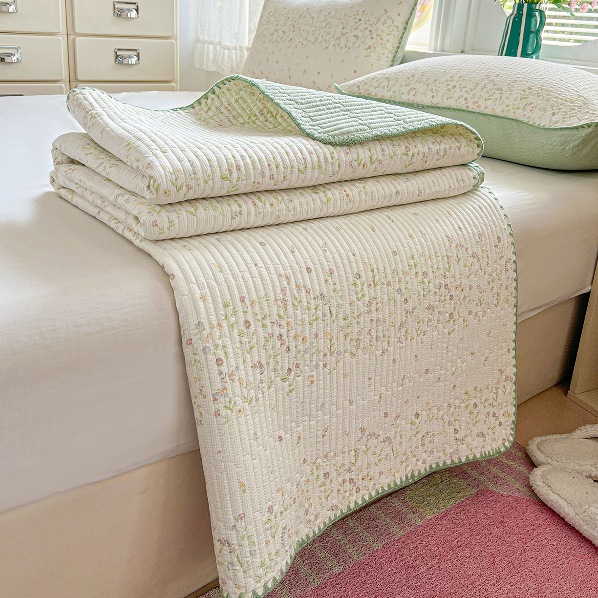 91家纺网 家纺一手货源 找家纺 恒尚居 2026新款A类贝壳绣泡芙纱床盖四套件泡芙棉双层纱床垫床褥 绿叶紫花