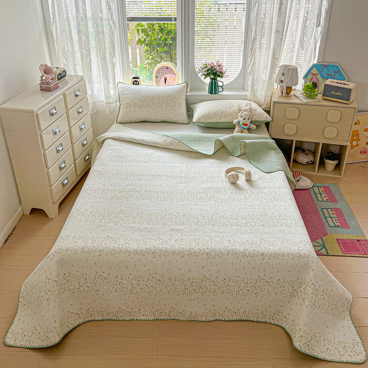 恒尚居 2026新款A类贝壳绣泡芙纱床盖四套件泡芙棉双层纱床垫床褥 绿叶紫花