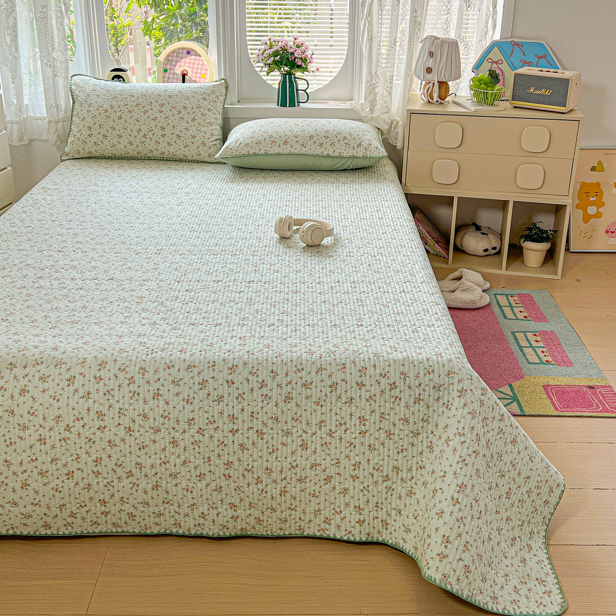 91家纺网 家纺一手货源 找家纺 恒尚居 2026新款A类贝壳绣泡芙纱床盖四套件泡芙棉双层纱床垫床褥 绿野日记