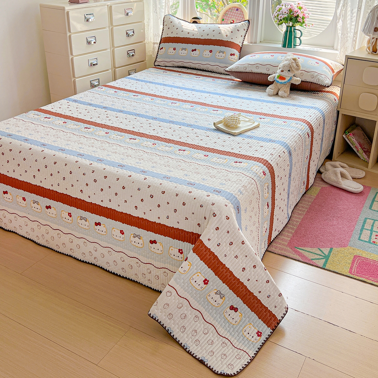 91家纺网 家纺一手货源 找家纺 恒尚居 2026新款A类贝壳绣泡芙纱床盖四套件泡芙棉双层纱床垫床褥 波点奶芙-咖