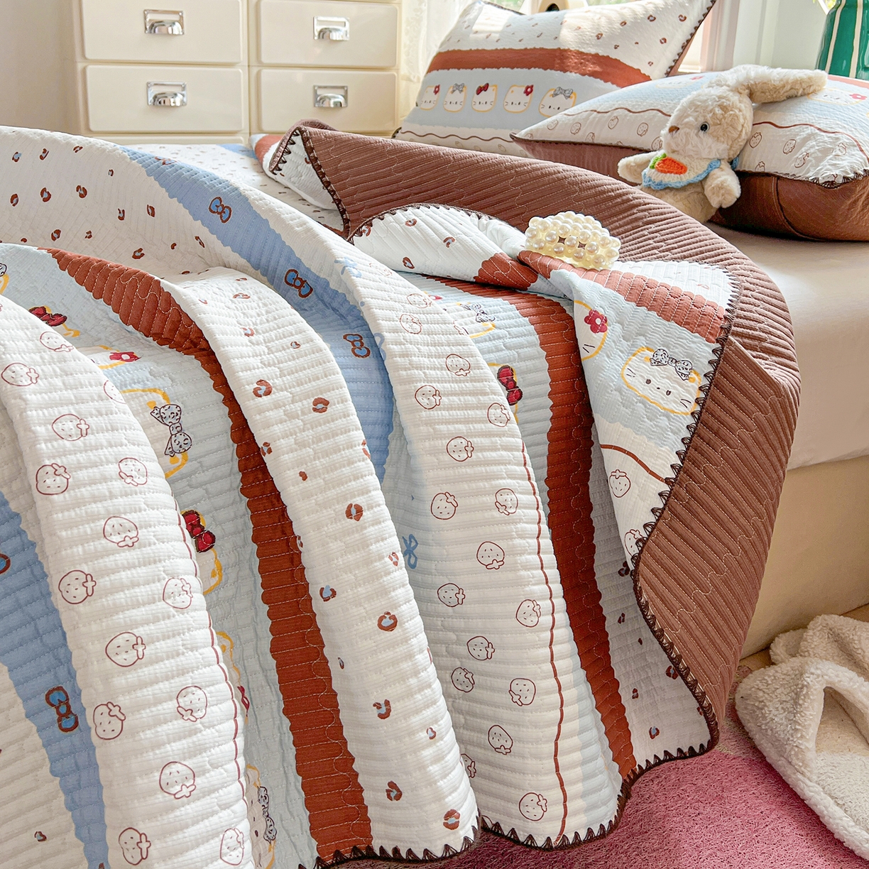 91家纺网 家纺一手货源 找家纺 恒尚居 2026新款A类贝壳绣泡芙纱床盖四套件泡芙棉双层纱床垫床褥 波点奶芙-咖