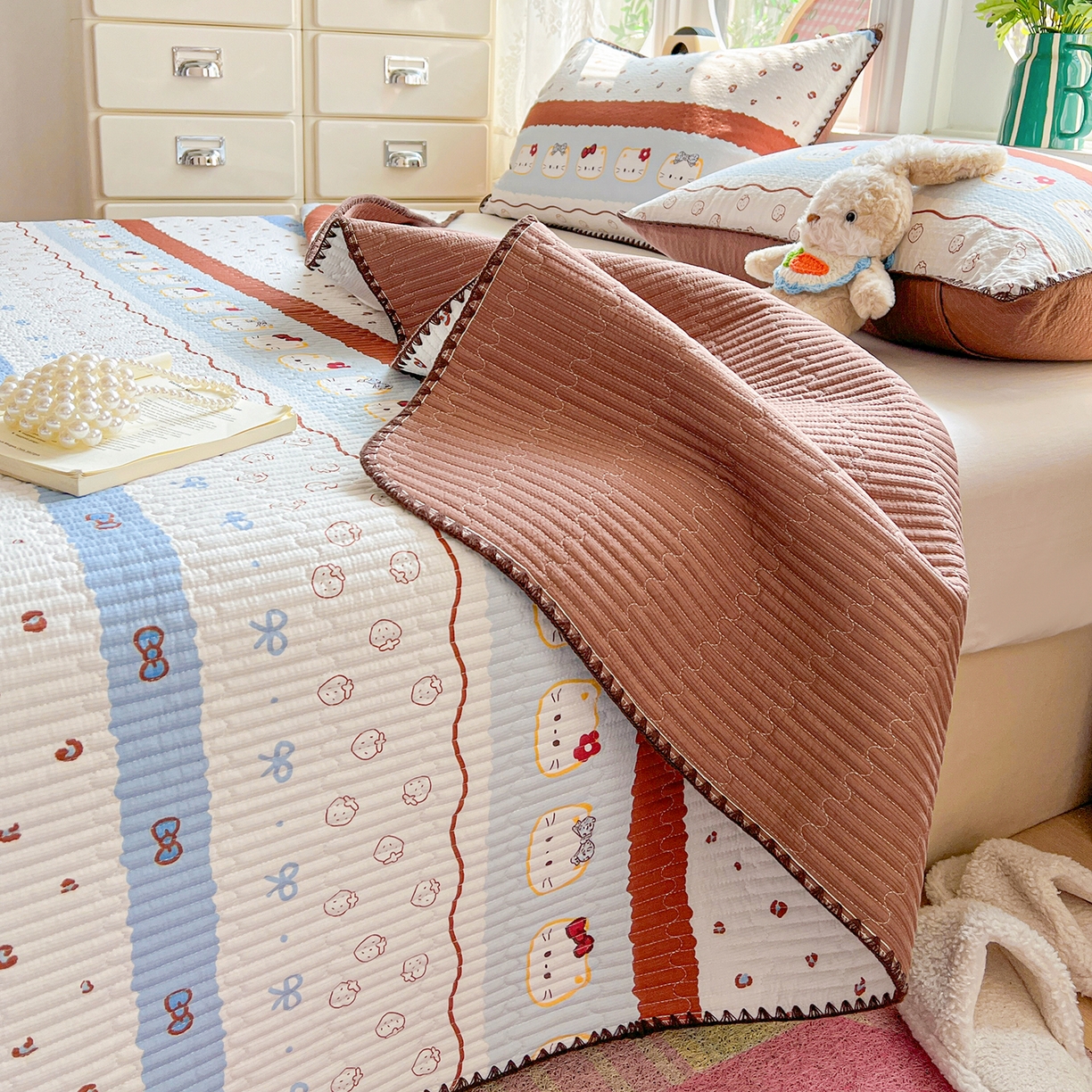 91家纺网 家纺一手货源 找家纺 恒尚居 2026新款A类贝壳绣泡芙纱床盖四套件泡芙棉双层纱床垫床褥 波点奶芙-咖