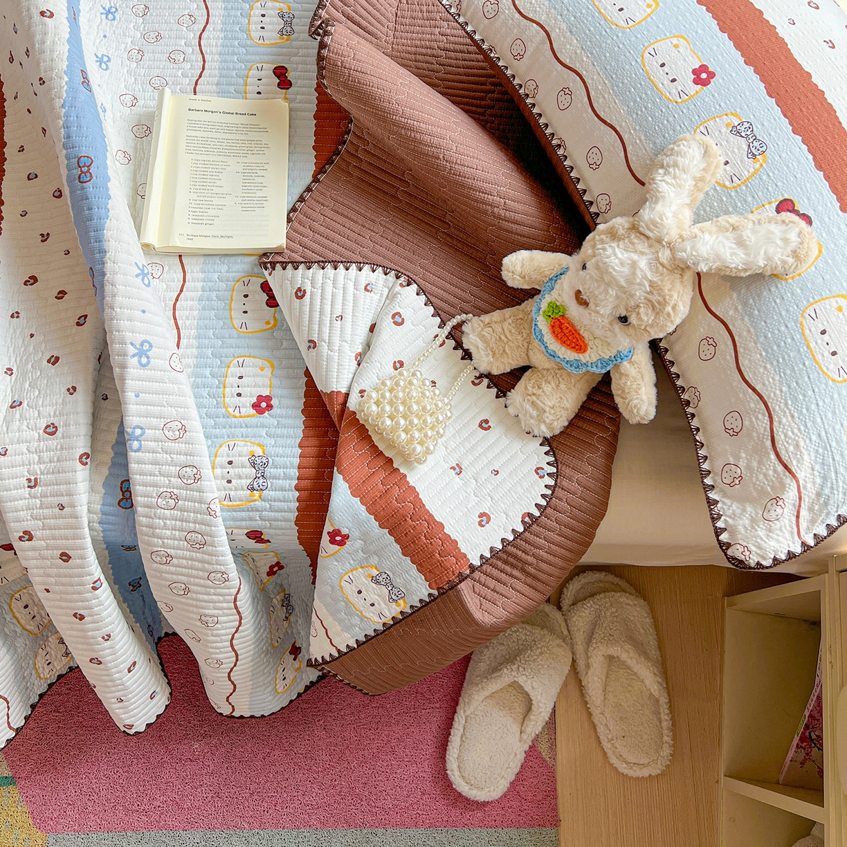 91家纺网 家纺一手货源 找家纺 恒尚居 2026新款A类贝壳绣泡芙纱床盖四套件泡芙棉双层纱床垫床褥 波点奶芙-咖