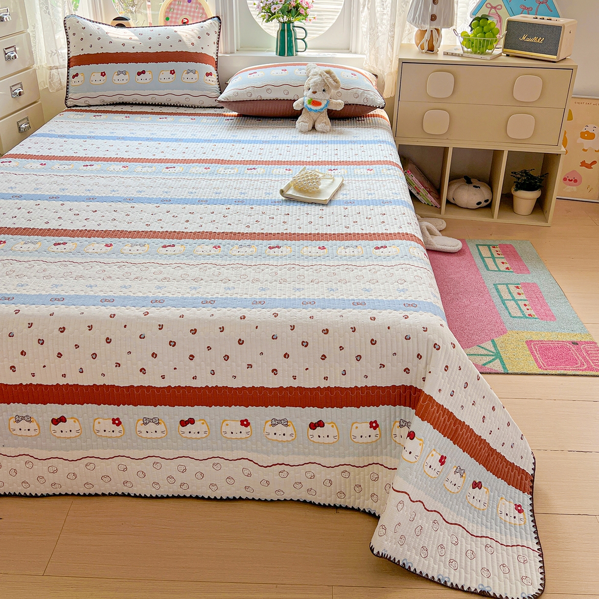 91家纺网 家纺一手货源 找家纺 恒尚居 2026新款A类贝壳绣泡芙纱床盖四套件泡芙棉双层纱床垫床褥 波点奶芙-咖