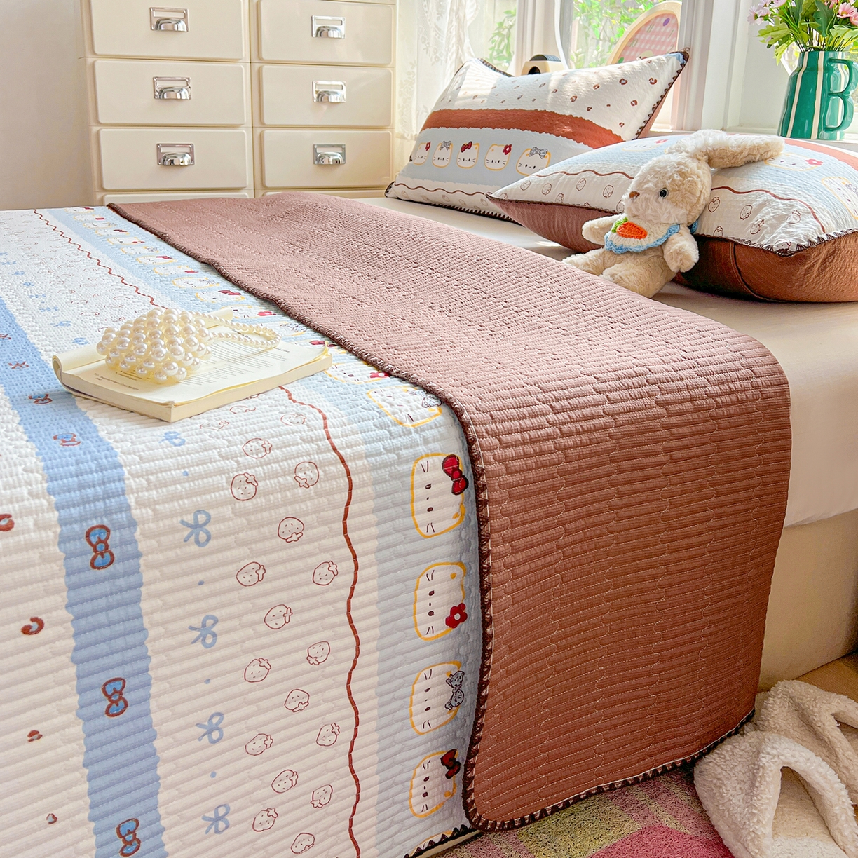 91家纺网 家纺一手货源 找家纺 恒尚居 2026新款A类贝壳绣泡芙纱床盖四套件泡芙棉双层纱床垫床褥 波点奶芙-咖