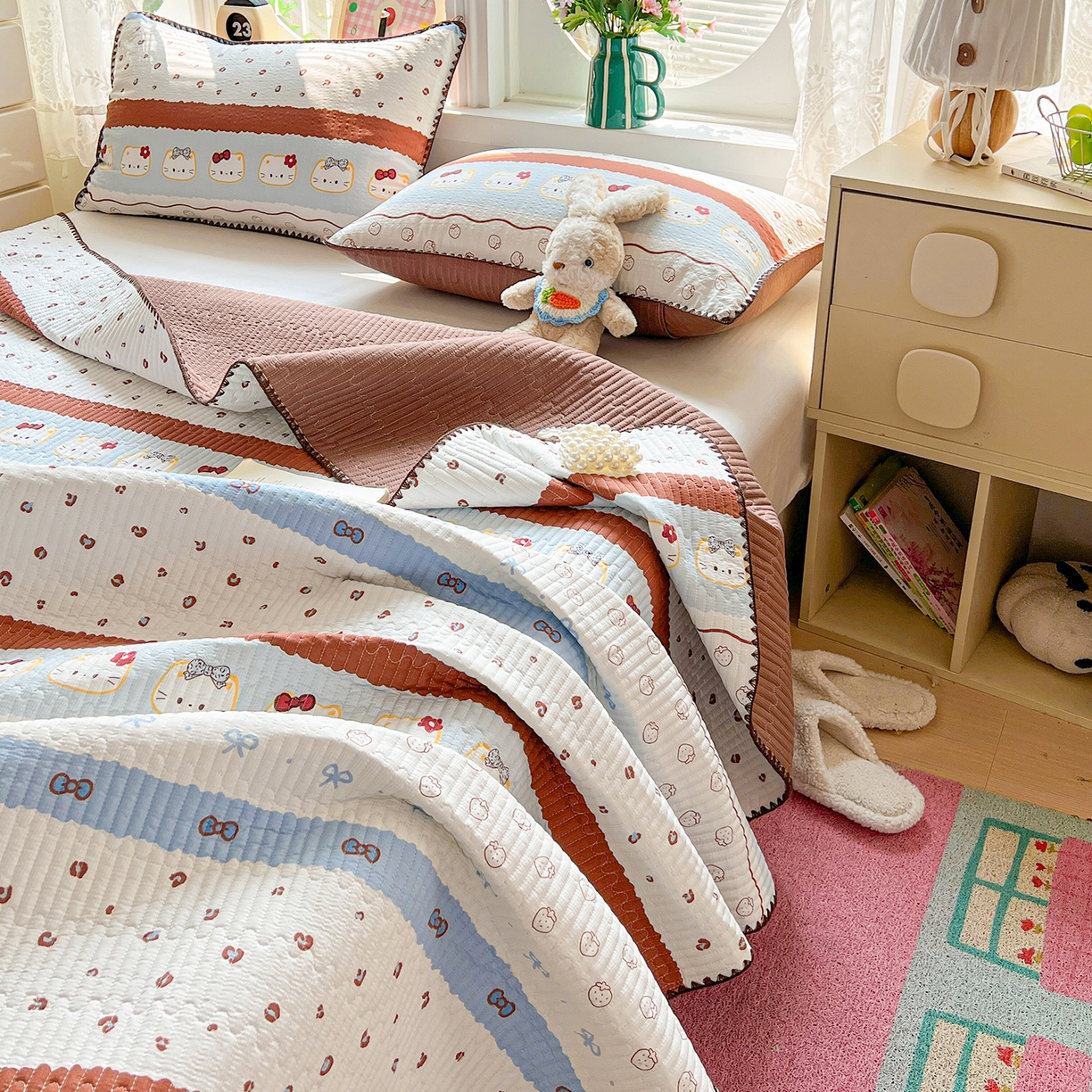 91家纺网 家纺一手货源 找家纺 恒尚居 2026新款A类贝壳绣泡芙纱床盖四套件泡芙棉双层纱床垫床褥 波点奶芙-咖