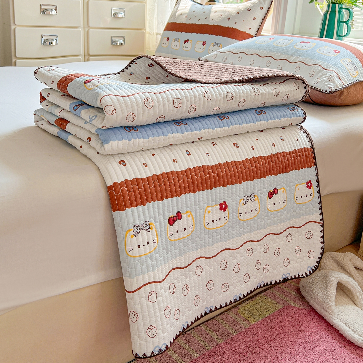 91家纺网 家纺一手货源 找家纺 恒尚居 2026新款A类贝壳绣泡芙纱床盖四套件泡芙棉双层纱床垫床褥 波点奶芙-咖