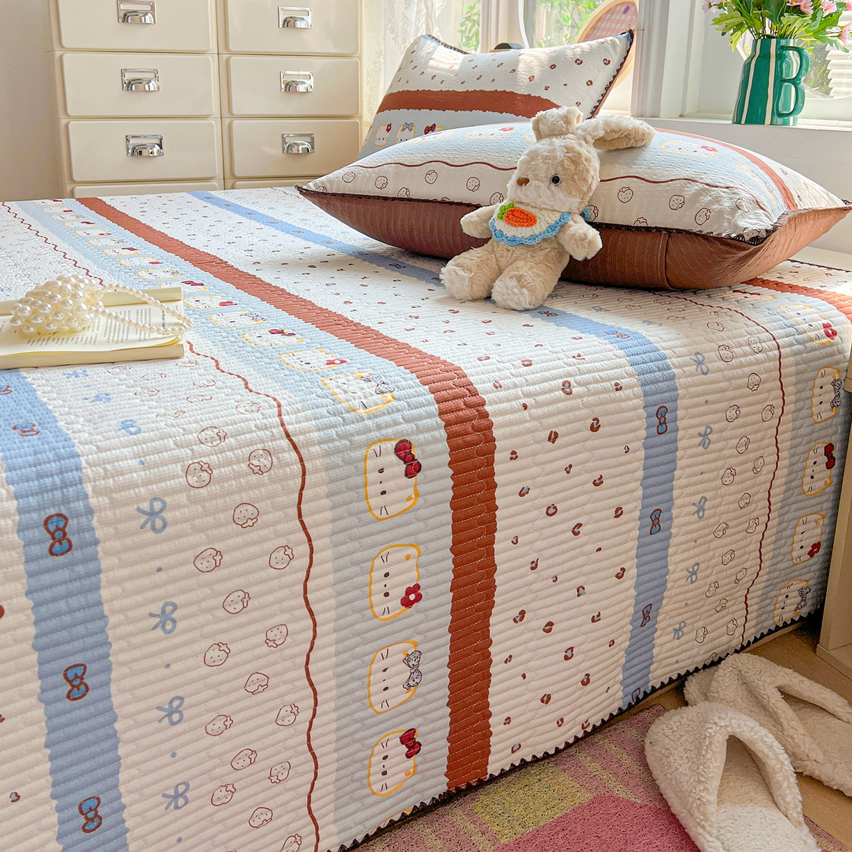 91家纺网 家纺一手货源 找家纺 恒尚居 2026新款A类贝壳绣泡芙纱床盖四套件泡芙棉双层纱床垫床褥 波点奶芙-咖