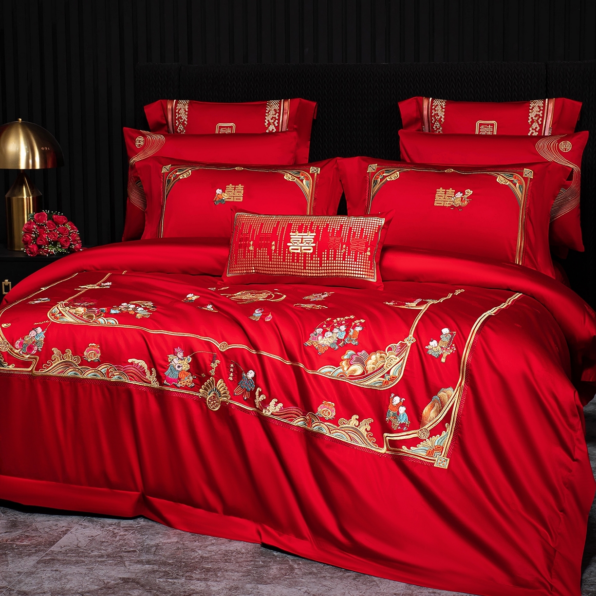 91家纺网 家纺一手货源 找家纺 蒂爵 2026婚庆新疆长绒棉纯棉原版大绣花婚庆四件套多件套340系列 百子迎喜