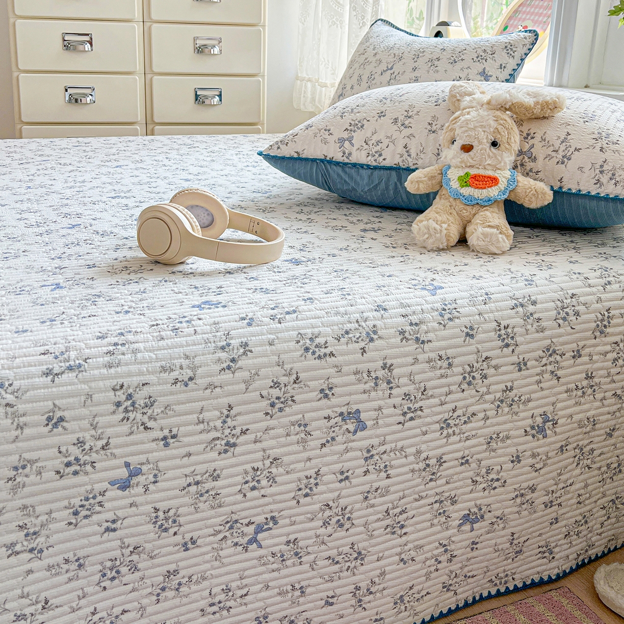 91家纺网 家纺一手货源 找家纺 恒尚居 2026新款A类贝壳绣泡芙纱床盖四套件泡芙棉双层纱床垫床褥 兰蝶小筑